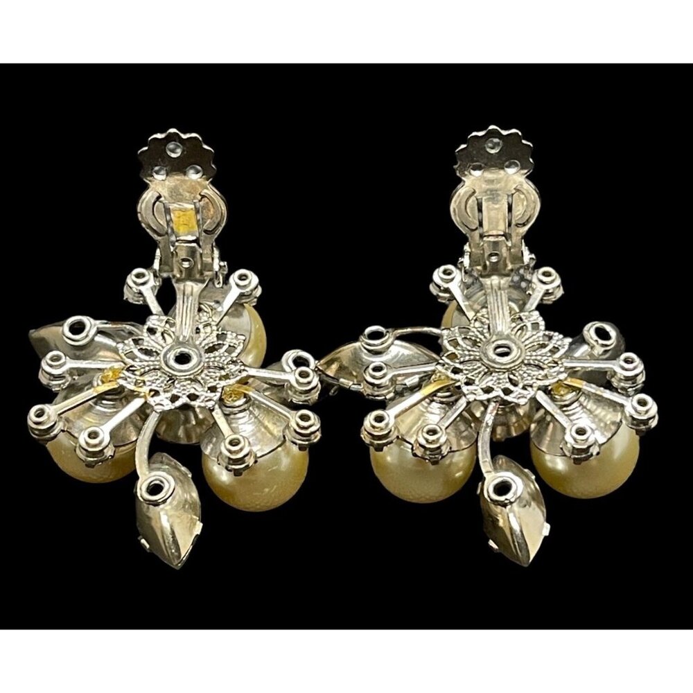 Vtg. Judy Lee Statement Rhinestone AB Crystal Faux Pearl Clip Earrings Signed - Picture 2 of 6